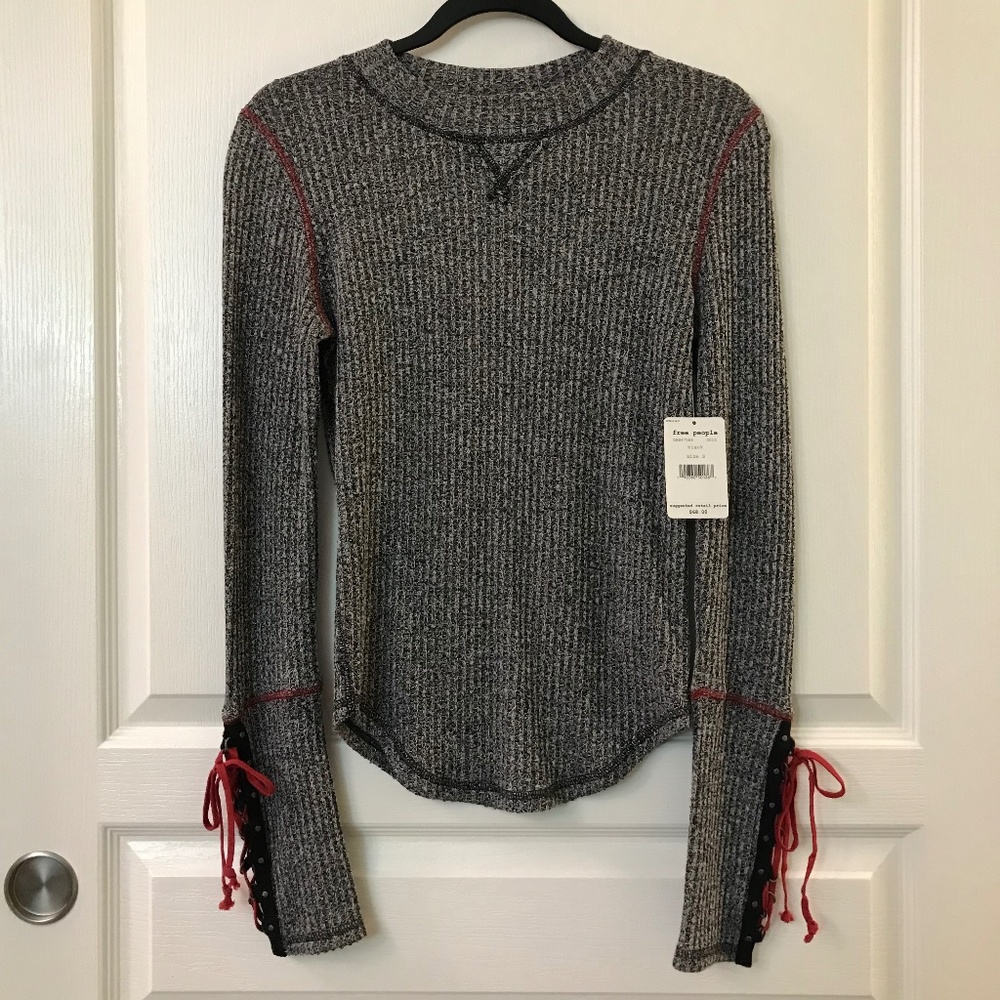 NWT Free People Grey Sweater with Red Lace-Up